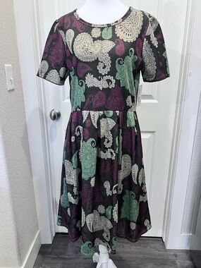 NWT LuLaRoe Paisley Stretch Knit Dress Amelia Pockets Brown Rust Green Cream XL